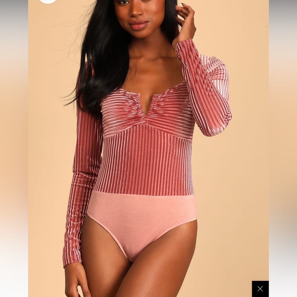Ready To Go Out Rusty Rose Velvet Striped Long Sleeve Bodysuit